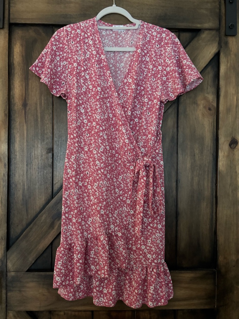 Pink Floral Wrap Dress with Ruffle Hem